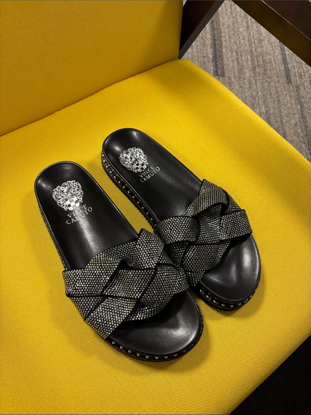 Vince Camuto Black Braided Crystal-Embellished Slide Sandals